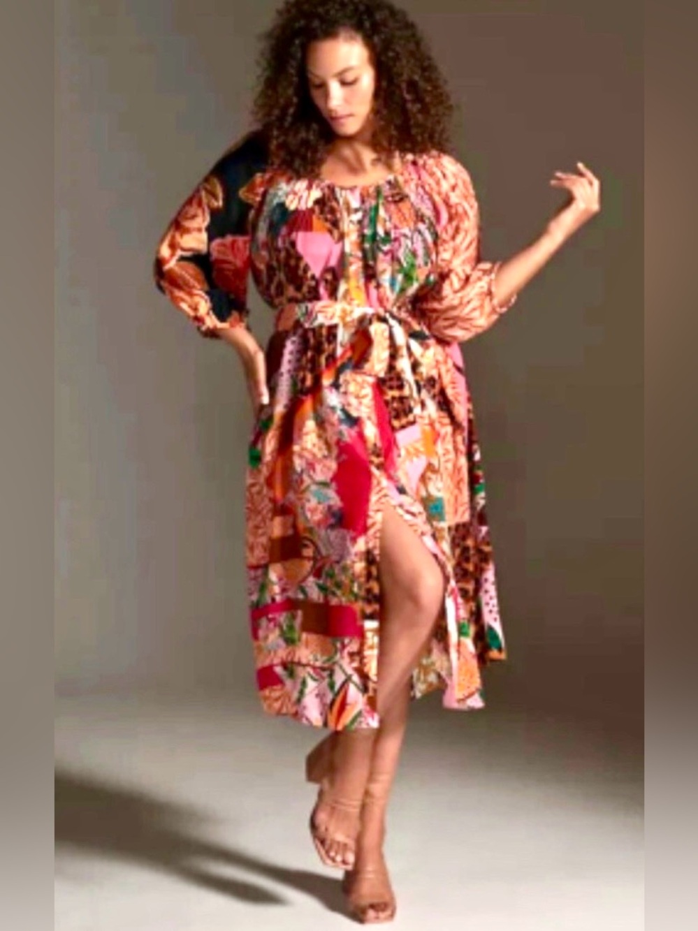 Anthropologie Geisha Designs Patchwork Leopard Floral Tie Waist Midi Dress Large
